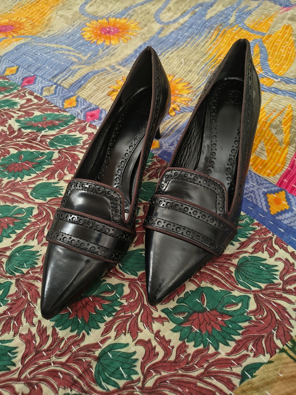 Tory Burch Black Pointed Leather Heels with Perforated Strap Detail